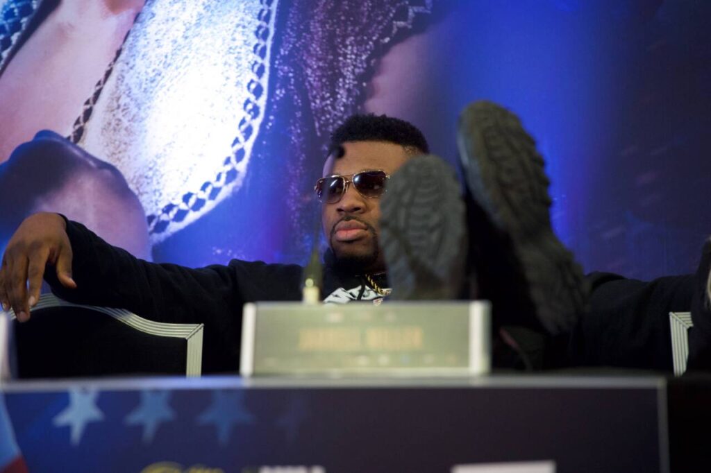 Anthony Joshua and Jarrell Miller press conference PK Pressekonferenz Jarrell Big Baby Miller puts his feet up during the Press Conference at Hilton London Syon Park, Brentford ahead of the Heavyweight Championship bout between Anthony Joshua and Jarrell Miller for the WBA, IBF, WBO and IBO belts in Madison Square Gardens, New York. Content Not Available For UK Newspapers FIL-12938-0008