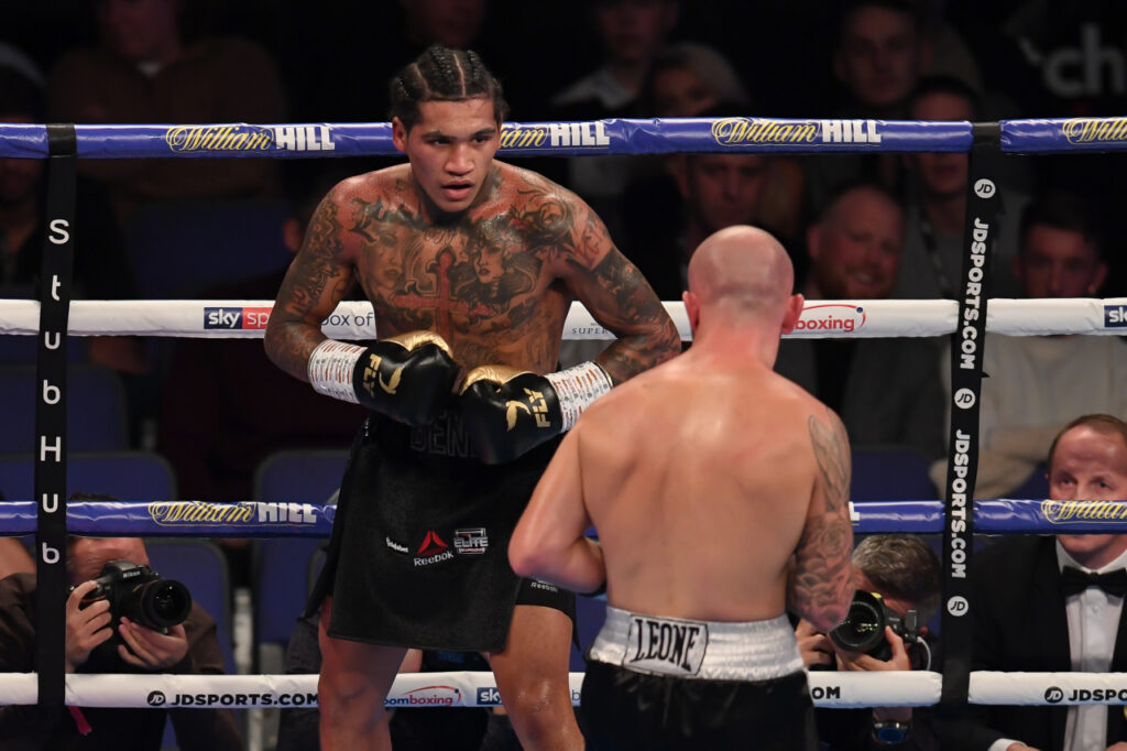 Conor Benn and Steve Jamoye during the WBA Continental Welterweight Championship contest at the O2 Arena.