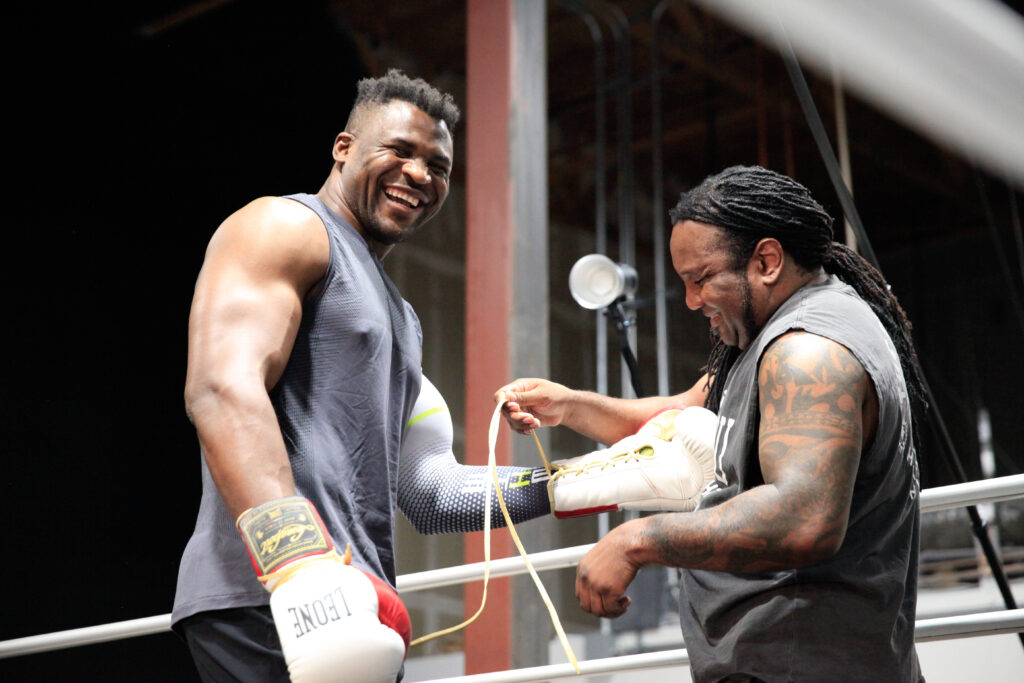 LAS VEGAS, NV - SEPTEMBER 26: Francis Ngannou trains with coach Dewey Cooper at the Tyson Fury vs. Francis Ngannou open workout on September 26, 2023, at Ngannou™s private gym in Las Vegas, NV. (Photo by Amy Kaplan Icon Sportswire) BOXING: SEP 26 Francis Ngannou Workout EDITORIAL USE ONLY Icon2309262583