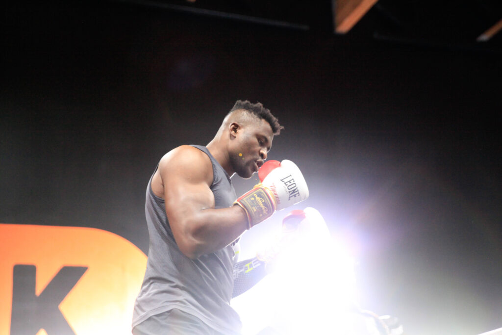 LAS VEGAS, NV - SEPTEMBER 26: Francis Ngannou at the Tyson Fury vs. Francis Ngannou open workout on September 26, 2023, at Ngannou™s private gym in Las Vegas, NV. (Photo by Amy Kaplan Icon Sportswire) BOXING: SEP 26 Francis Ngannou Workout EDITORIAL USE ONLY Icon2309262589