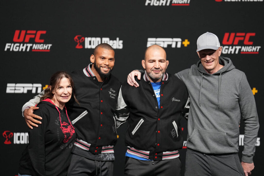 March 11, 2022, LAS VEGAS, LAS VEGAS, NV, United States: LAS VEGAS, NV - March 11: Glover Teixeira and Thiago Santos with their new jackets celebrating 50 clean tests with the USADA following the face-off for the official weigh-in at the UFC Apex for UFC Vegas 50 - Santos vs Ankalaev - face-off on March 11, 2022 in LAS VEGAS, United States. LAS VEGAS United States - ZUMAp175 20220311_zsa_p175_056 