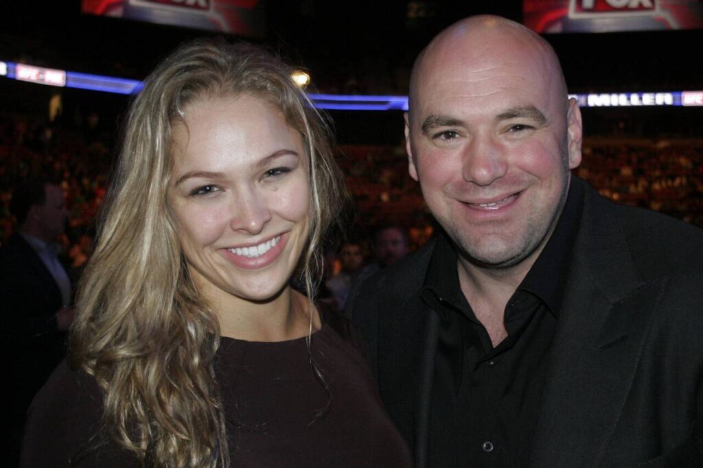 MMA: UFC on Fox 3-Koscheck vs Hendricks May 5, 2012; East Rutherford, NJ, USA; UFC president Dana White (right) poses with Strikeforce MMA female champion Ronda Rousey during a bout between Johny Hendricks and Josh Koscheck during UFC on Fox 3 at the Izod Center. East Rutherford New Jersey UNITED STATES, EDITORIAL USE ONLY PUBLICATIONxINxGERxSUIxAUTxONLY 6232386