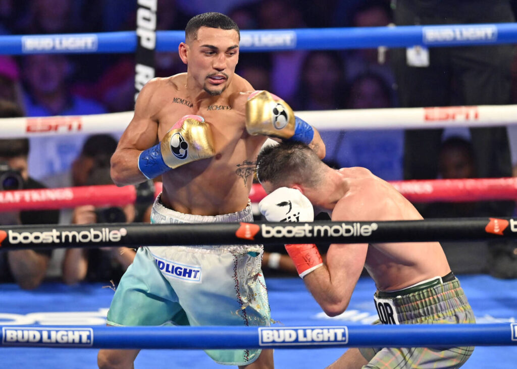 Josh Taylor (red tape) takes on Teofimo Lopez (blue tape) in a jr. welterweight bout for Top Rank Boxing on June 10, 2023 at The Theater at Madison Square Garden in New York, NY. 