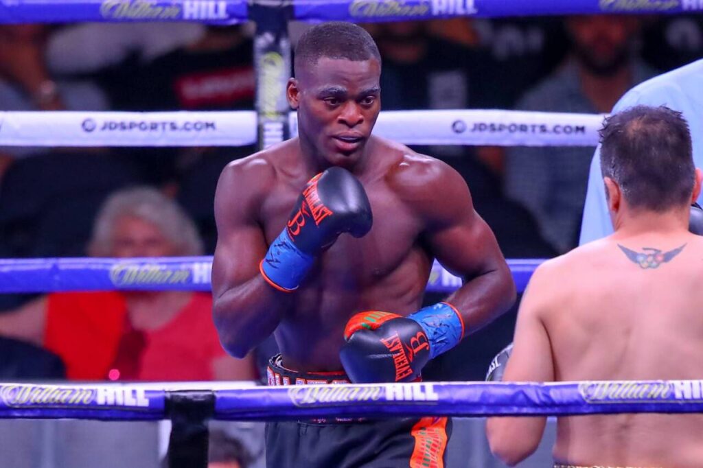 Joshua Buatsi of England battles Marco Antonio Periban of Mexico for the WBA International Light Heavyweight Championship on June 1, 2019 at Madison Square Garden in New York, NY. 