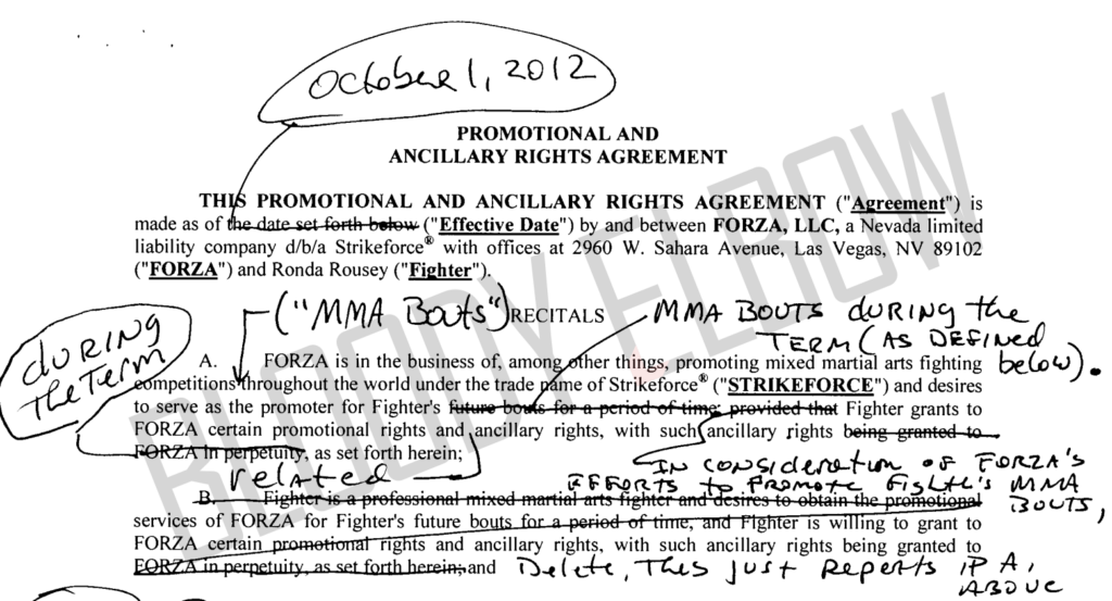 UFC star Ronda Rousey's contract with several handwritten notes and request for revisions.